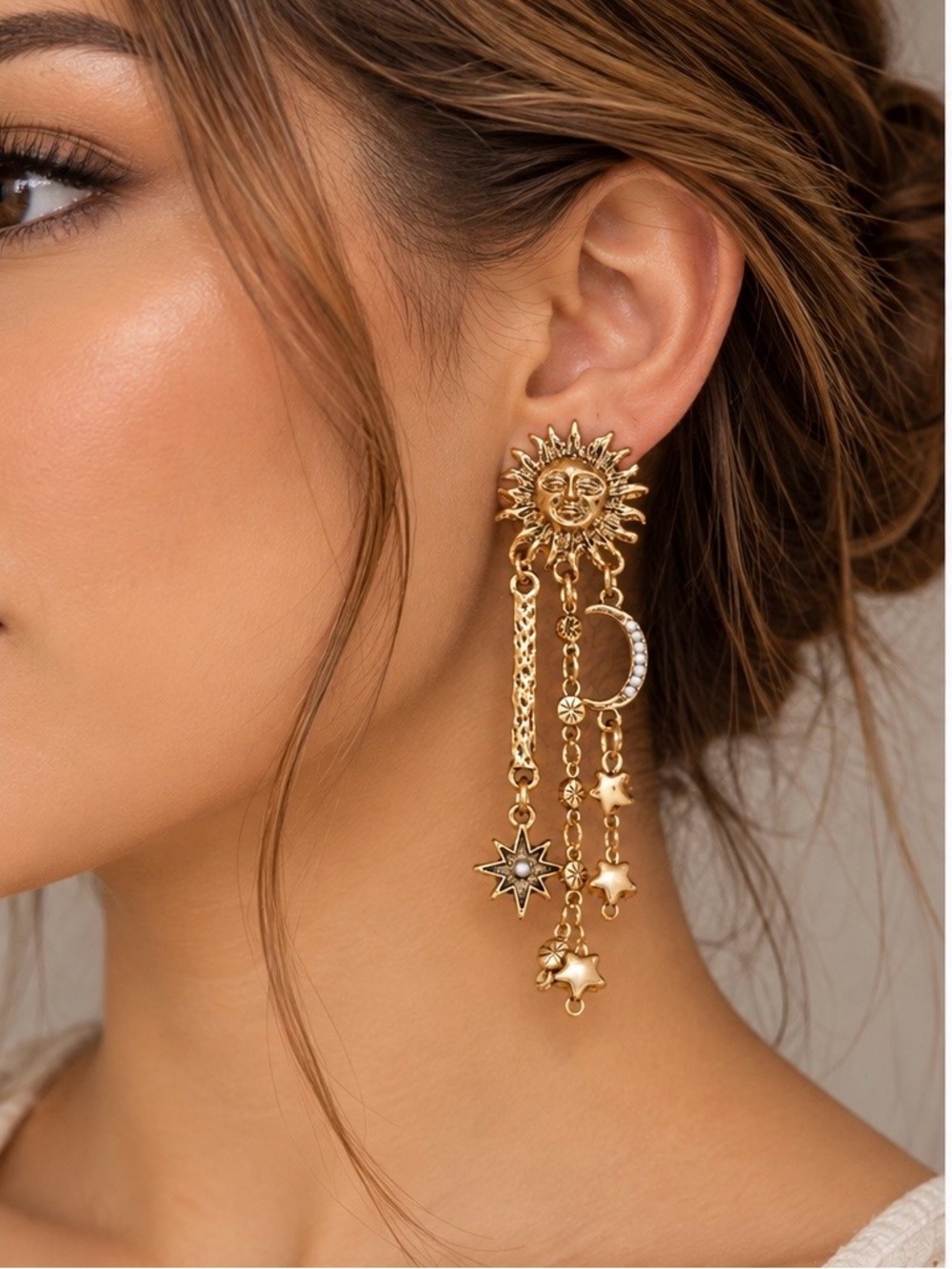 Celestial Sun & Moon Asymmetrical Gold Drop Earrings | Boho Star Pearl Statement